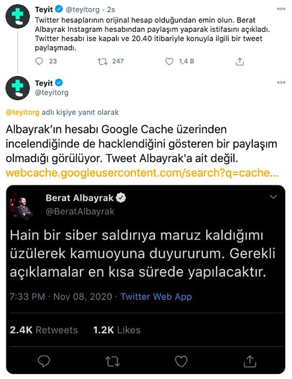 Teyit.org da Berat Albayrak'ın hesaplarının hacklendiği ile ilgili haberleri şu paylaşımla yalanladı.👇