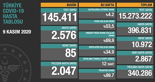 9 Kasım Korona Rakamları: Hasta Sayısı 2 Bin 500'ü Geçti, 85 Kişi Hayatını Kaybettti