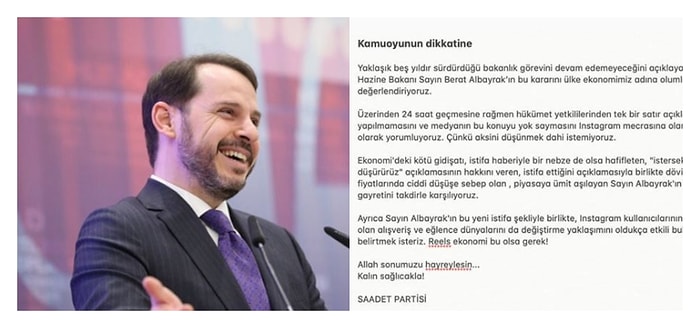 Saadet Partisi'nden Instagram Üzerinden Berat Albayrak Açıklaması: 'Reels Ekonomi Bu Olsa Gerek'