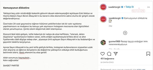 Saadet Partisi'nden Instagram Üzerinden Berat Albayrak Açıklaması: 'Reels Ekonomi Bu Olsa Gerek'