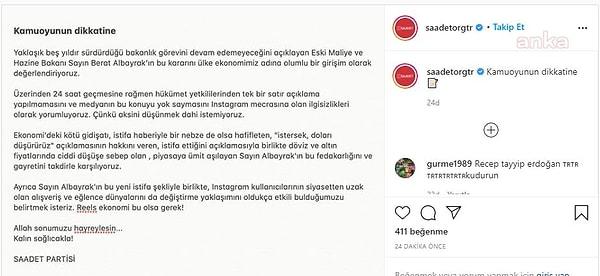 Saadet Partisi’nin Instagram paylaşımında şu ifadelere yer verildi:
