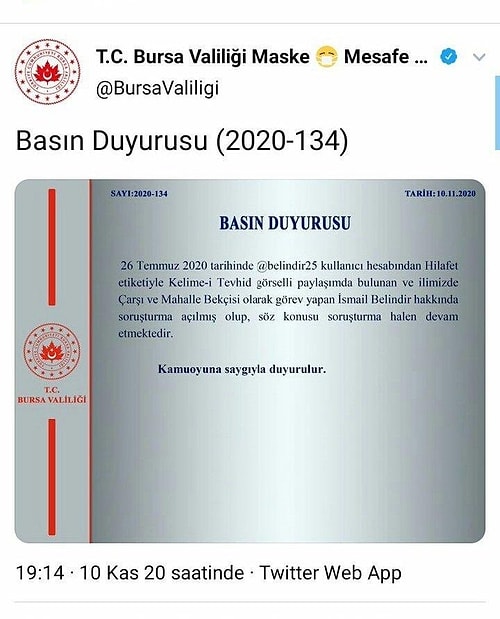 Valilik 'Hilafet' Etiketiyle Paylaşım Yapan Bekçi Hakkında Soruşturma Başlattı