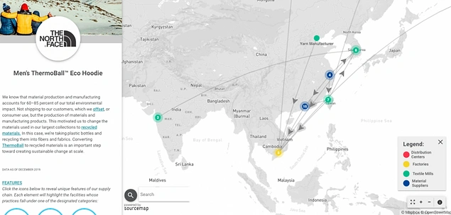 Bu arada SourceMap adlı online veri kuruluşunun sunduğu tedarik zinciri haritası, The North Face'in ürünlerinin çoğunun Vietnam'da üretildiğini, bu ürünler için gerekli materyallerin birçoğununsa Çin'den geldiğini gösteriyor.