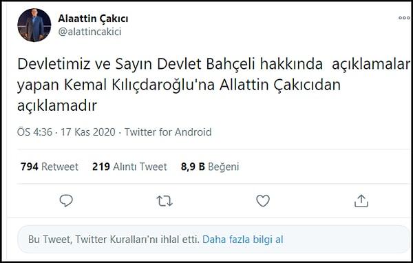 Sosyal medya kullanıcıları, Çakıcı'nın hesabında söz konusu paylaşımın yerine "Bu tweet, Twitter kurallarını ihlal etti" uyarısıyla karşılaşıyor.