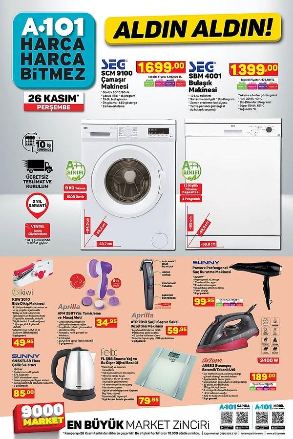 Aynı şekilde SEG marka bir buzdolabı ve bir çamaşır makinesi de ücretsiz teslimat ve kurulum seçeneğiyle satışta.