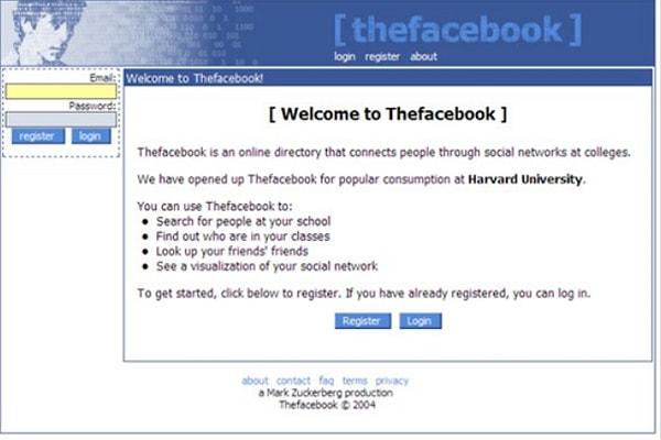 Facebook 2004 yılında ilk kurulduğunda ise tam olarak şöyle görünmekteydi: