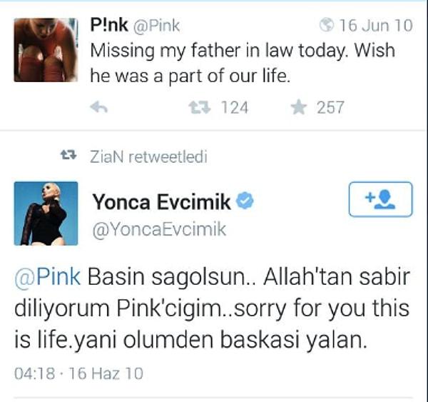 Artık yavaş yavaş Yonca Evcimik'le ilgili herhangi bir haber ve yenilik görmezken, Twitter'dan ünlü şarkıcı Pink'e attığı baş sağlığı mesajı sosyal medyanın diline düşüveriyor.