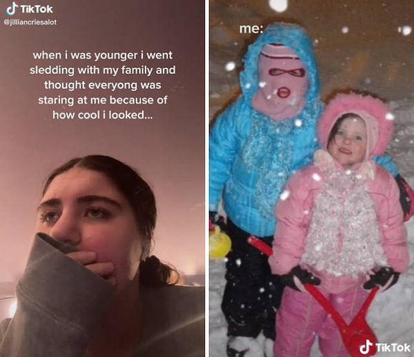 2. "Как-то раз, когда я была маленькой, мы с родителями пошли кататься на санках, где на меня все пялились. Я была уверена, что все смотрят на меня, потому что я невероятно круто выгляжу".