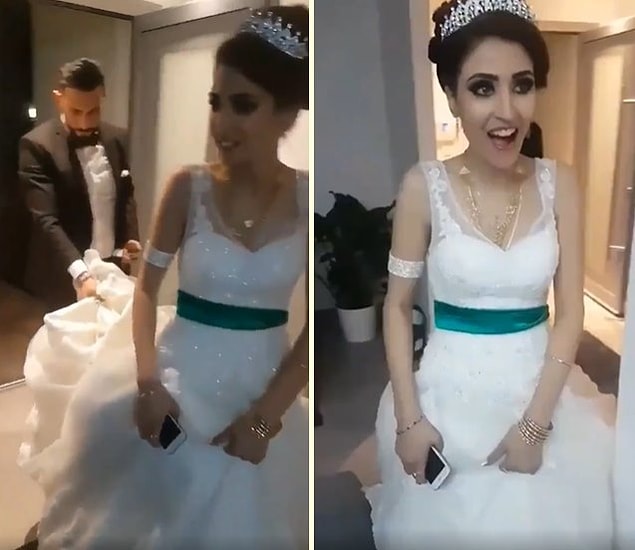 Beline yeşil kuşak bağlı gelin düğün sonrası eve girerken görülüyor.