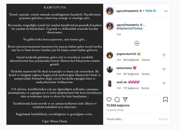 Tüm bu yaşananlardan sonra Uğur, Instagram hesabından bu paylaşımı yaparak af diledi ve affının kabul edilmesini istedi...
