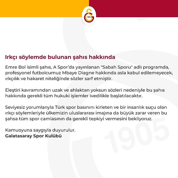 Bu açıklamalardan sonra Galatasaray, Bol'un ifadelerinin 'ırkçı söylem' olduğunu belirterek, hukuki işlemlere başlayacaklarını duyurdu.