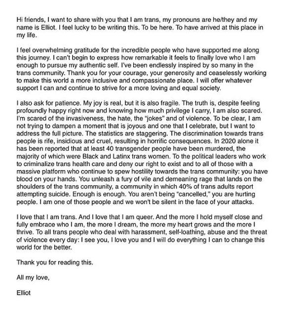 Новость была объявлена в аккаунтах в социальных сетях Эллиота(Эллен) Пейдж.