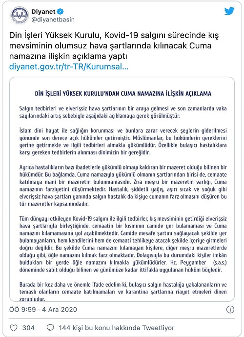 Diyanet'ten 'Cuma Namazı' Açıklaması: Müslümanlar, Tedbirleri Almakla Yükümlüdür