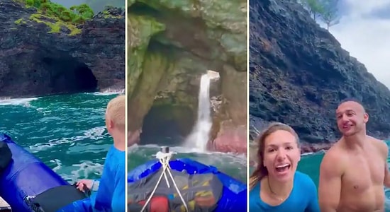 İçinde Şelale Akan Dünyanın En Uzu Deniz Mağaralarından Birinin İçinden Bot ile Geçen Ekibin Kaydettiği Muhteşem Görüntüler