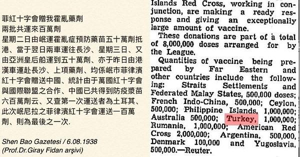 Bundan hemen 10 gün sonra Shunpao gazetesinin haberine göre Türkiye'nin Filipinler üzerinden Çin'e kolera aşısı gönderen ilk ülke olduğu duyurulur. Yine ağustos ayında Çin'de İngilizce çıkan The North gazetesi ilgili haberi aşağıda gördüğünüz üzere okuyucuları ile paylaşır.