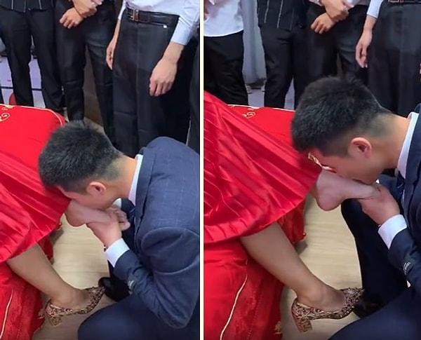 Uzak Doğu'da bir yerde kaydedilen görüntülerde, damat evleneceği kadının ayağını öpüyor...