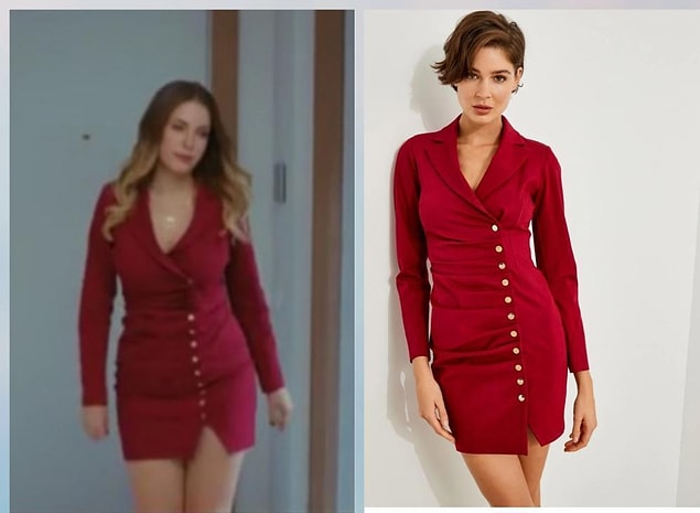 7. Yıldız'ın üzerindeki pile detaylı bordo elbise Aisa marka.