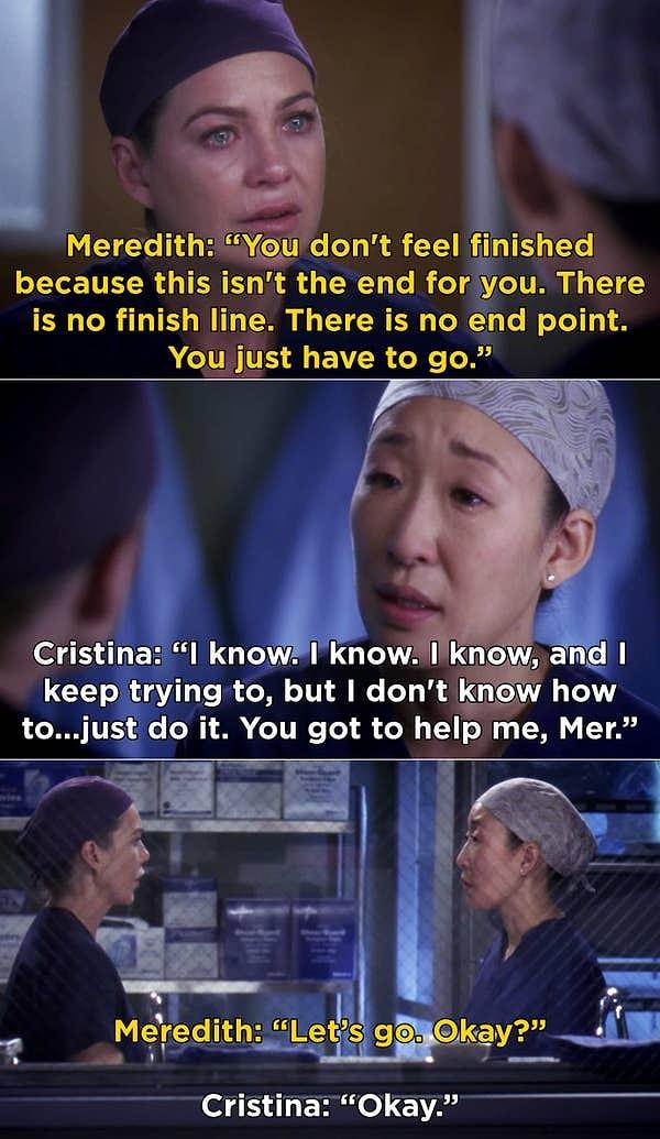 10. Grey's Anatomy'de, Meredith, Cristina'ya kariyerinin daha yeni başladığını söylediğinde, aslında Sandra Oh ve Ellen Pompeo'nun birlikte çektikleri son sahne olmuş. Sahneyi çektikten sonra birbirlerini sarılıp ağlamaya başlamışlar.
