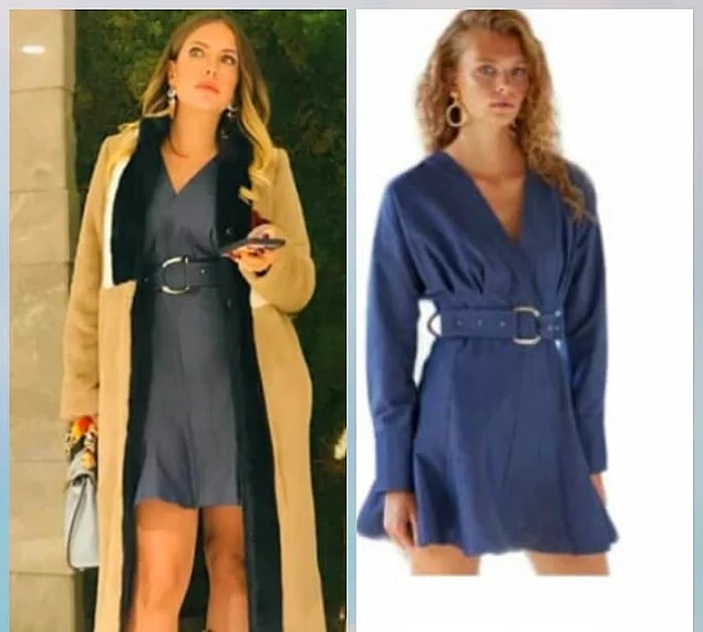9. Yıldız'ın üzerindeki mavi denim elbise Urban Muse marka, lacivert suni kürklü kaban ise Rue.