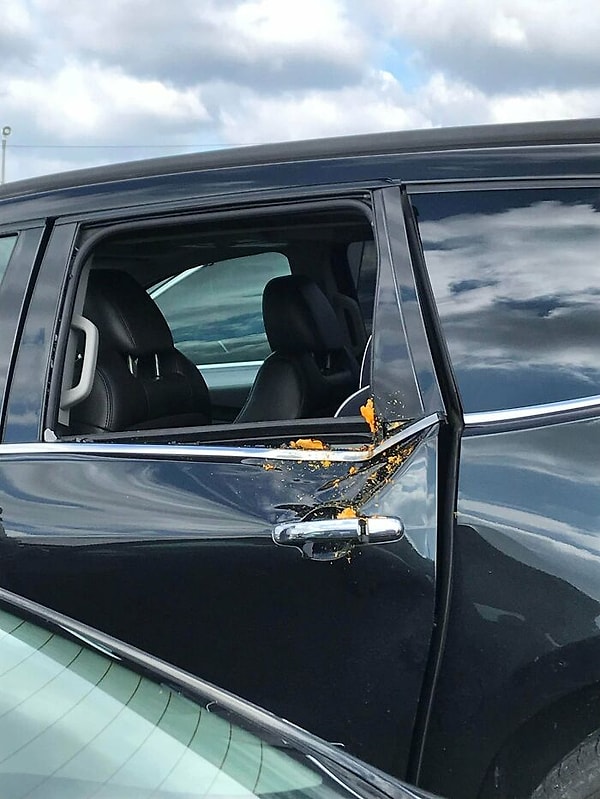 7. На выставке тыкв, в мою машину кинули одну из них, и вот результат