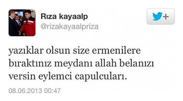 15. AKP’li Cumhurbaşkanı Erdoğan'ın Spor Müşavirliğine atadığı güreşçi Rıza Kayaalp, Gezi Direnişi için ‘Ermeni işi’ demiş ve ırkçılık nedeniyle 6 ay spordan men cezası almıştı.