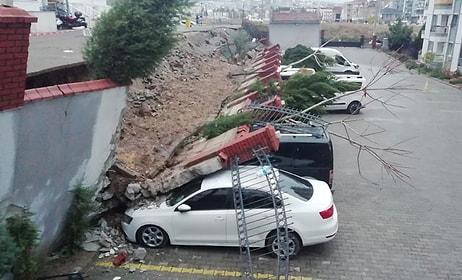 İzmir'de Sitenin İstinat Duvarı Çöktü: 20 Araçta Hasar Var