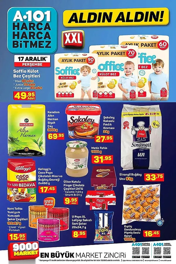 9 Kg Sinangil Buğday Unu 33,75, Ülker kutu çikolata çeşitleri ise 9,95 TL.