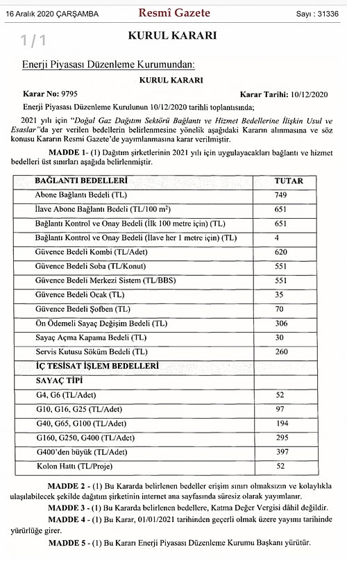 Doğalgaz Bağlantı ve Hizmet Bedellerine Zam