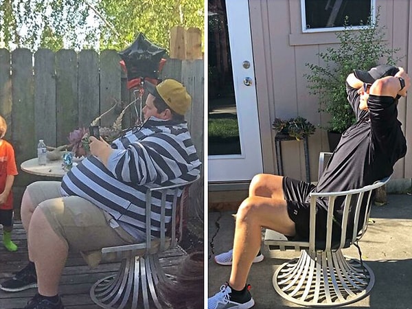 5. Тот же стул. 3 года спустя. Сосредоточен на диете с высоким содержанием белка / низким содержанием углеводов и дефицитом калорий. Надеюсь на скорую операцию по удалению лишней кожи. В настоящее время  у меня всего 12,2% жира в организме.