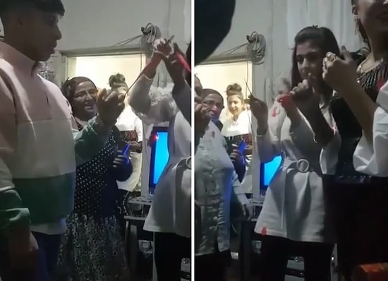 Yaşınız Kaç Sizin Daha? Aile Arasında Yüzük Takan Gençler ve Kurdeleyi Falçata ile Bir Türlü Kesemeyen Genç Kızın Tepki Çeken Görüntüleri