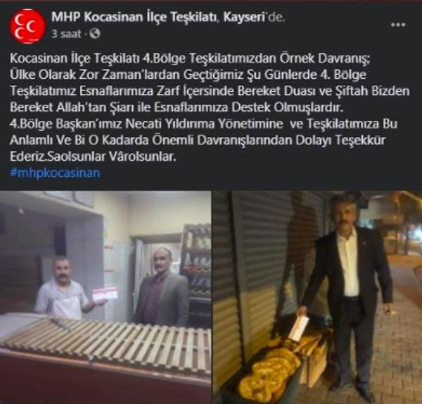 Şimdi ise MHP Kocasinan İlçe Teşkilatı, Twitter'da yaptığı bir paylaşımla esnafa zarf içerisinde Bereket Duası ve siftah parası dağıttıklarını duyurdu.