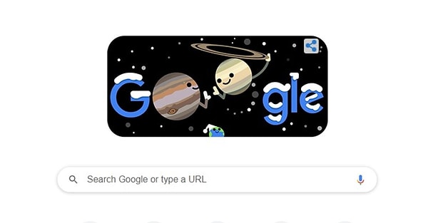 Google 21 Aralık 2020 Kışı ve Çifte Gezegen Doodle Görünümü.