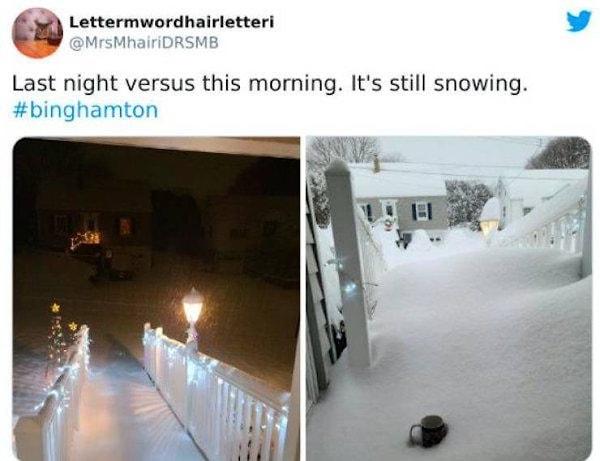 18. "Вечер по сравнению с утром. До сих пор идет снег!"