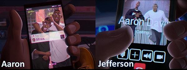 4. 'Spider-man Into the Spider-verse' filminde Aaron'ın telefonunun ekranında kardeşi ile fotoğrafı var, Jefferson'da da aynı şekilde birlikte fotoğrafları olduğu görülüyor. Bu, izleyicilere karakterlerin kötü bir ilişki içinde olduklarına rağmen birbirlerine değer verdiklerini belli ediyor.