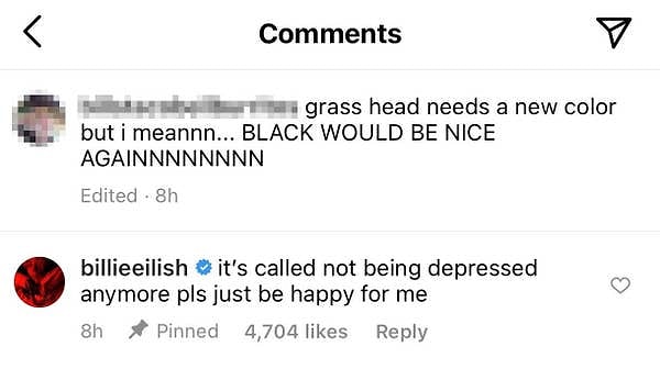 Отвечая на один из комментариев, Билли сказала, что ее волосы на самом деле являются признаком ее хорошего психического здоровья.