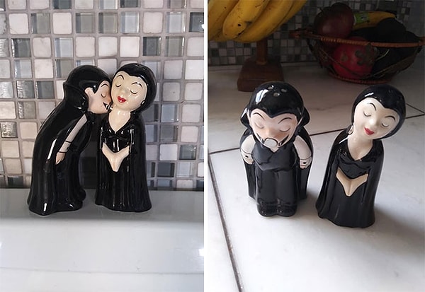 19. Впервые здесь! Я нашел эти прекрасные вампирские солонки в комиссионном магазине на ранчо молодежи Айдахо за 2,99 доллара! Я обожаю их, и теперь они живут над моей духовкой