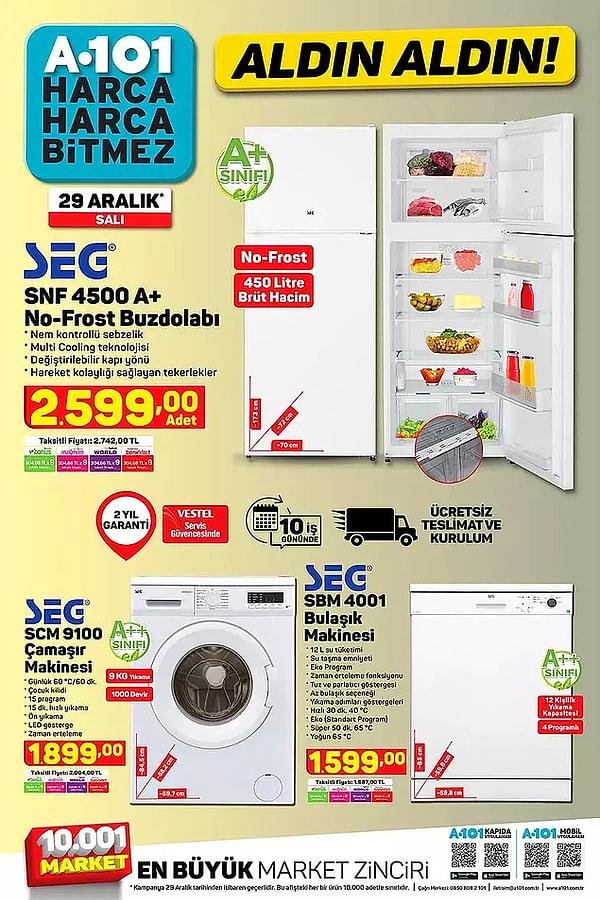 A101'de SEG marka buzdolabı, çamaşır makinesi ve bulaşık makinesinde de ücretsiz teslimat ve kurulum seçeceği mevcut.