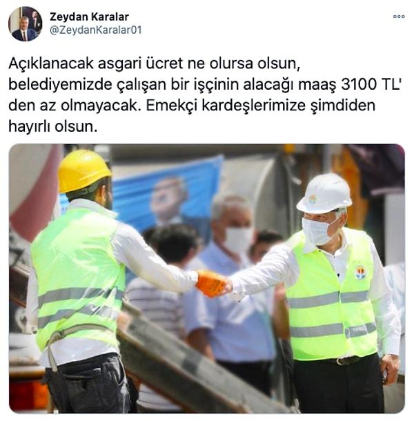 Sonrasında Adana Büyükşehir Belediye Başkanı Zeydan Karalar belediye çalışanlarına vereceği asgari ücretin 3 bin 100 TL olacağını duyurdu.