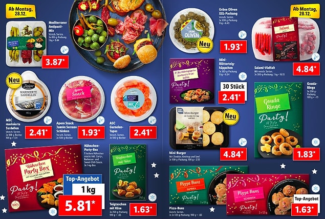 Çeşitli mezelerin ve atıştırmalıkların yer aldığı bu sayfada da ürünlerin fiyatları en yüksek 5.81 Euro...