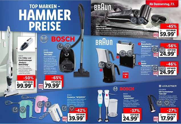 Ünlü markaların elektronik eşyalarının yer aldığı bu sayfada da elektrikli süpürge 79.99 Euro olması şaşırtıyor.