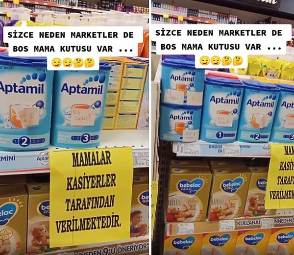 Ürünlerin üzerinde de "Boş ürün" yazıldığı görülürken, asılan bir duyuru kağıdı ile de "Mamalar kasiyerler tarafından verilmektedir" denilmiş...