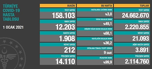 1 Ocak Koronavirüs Tablosu: 'Aktif Vaka ve Ağır Hasta Sayısı Düşmeye Devam Ediyor'