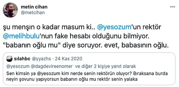 Twitter'dan Metin Cihan'ın iddiasına göre rektör Melih Bulu, '@yesozum' kullanıcı adlı bir Twitter hesabıyla kendisini koruyan ve savunan paylaşımlar yapıyordu.