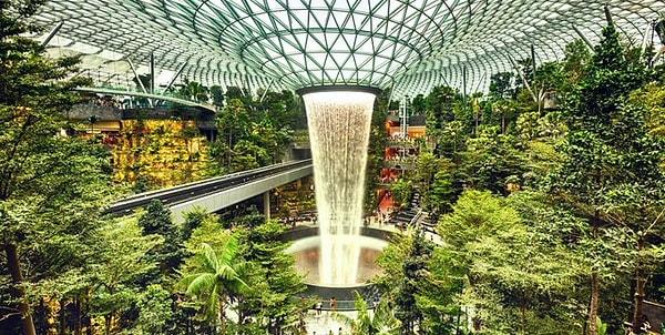 15. Singapur Havalimanı'nın içinde dünyanın en uzun kapalı mekan şelalesi vardır.