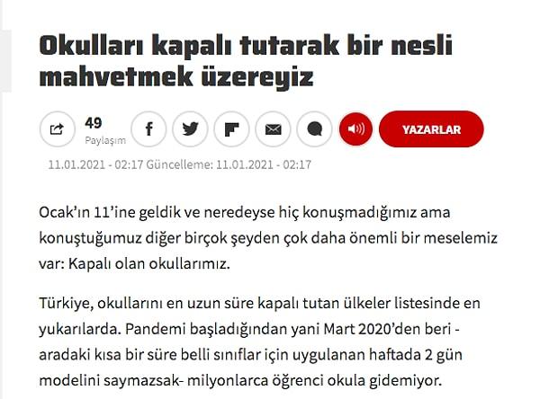 Alçı, köşe yazısında Türkiye'nin okullarını en uzun süre kapalı tutan ülkeler listesinde en yukarılarda yer aldığını ve bir nesli mahvetmek üzere olduğumuzu söyledi.