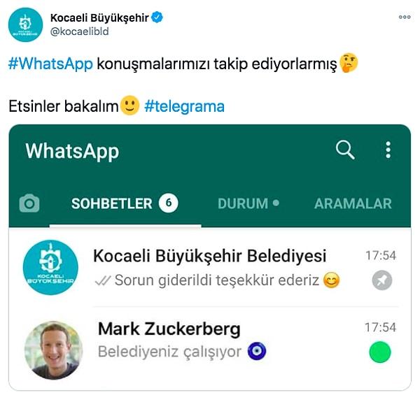 Bu goygoy furyasına her popüler olayda olduğu gibi belediyeler de katıldı. Kocaeli Belediyesi, Twitter hesabından bu sahte WhatsApp görselini paylaştı.