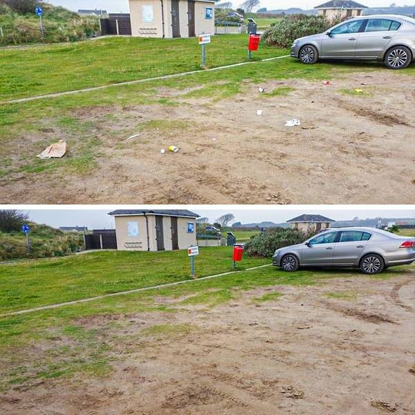 4. "Быстрая уборка мусора перед прогулкой на пляже. Мусорный бак, кстати, находится совсем рядом!"