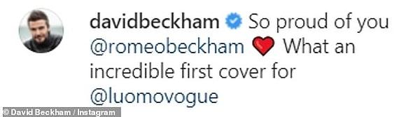 Instagram'da 65 milyondan fazla takipçisi olan David Beckham da oğlunun fotoğrafını paylaştı ve "Seninle gurur duyuyorum @romeobeckham. ❤️ @luomovogue için ne harika bir kapak fotoğrafı." dedi.