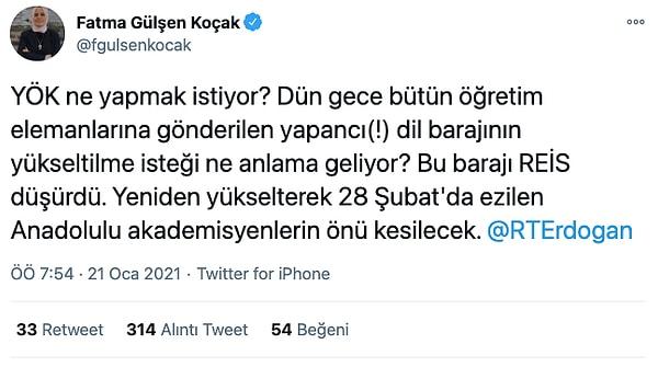 Yeni Akit yazarı Fatma Gülşen Koçak YÖK'ün dil barajını yükseltme isteğini eleştiren bir paylaşımda bulundu.