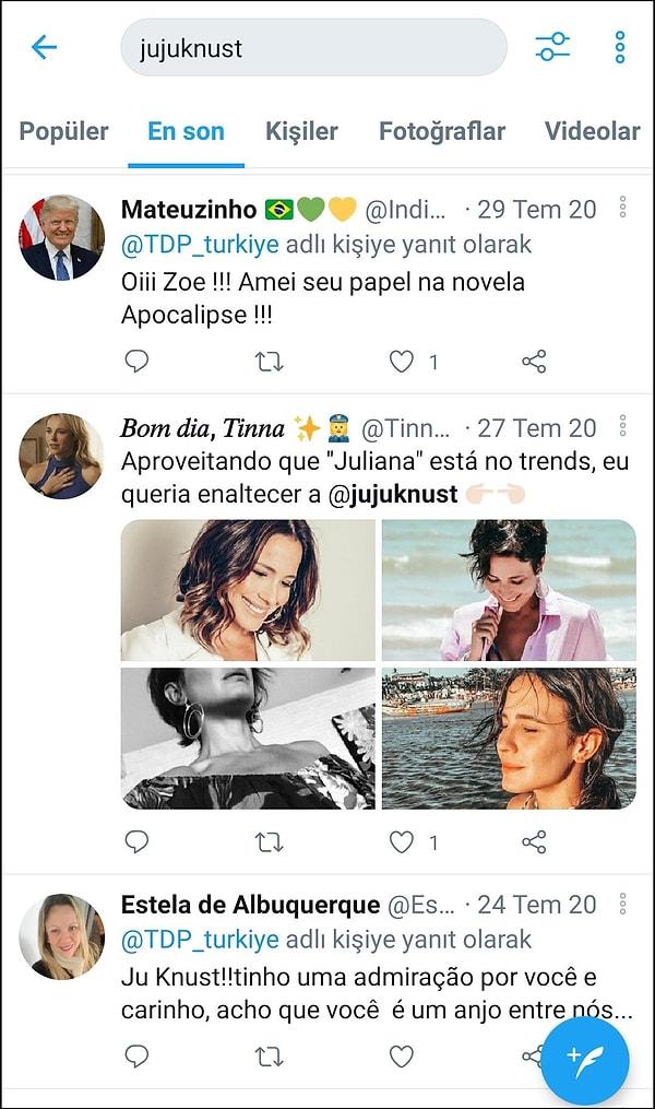 Takipçilerinin Brezilyalı aktris Juliana Knust'a verdikleri yanıtlar @TDP_turkiye'ye verilmiş gibi görünüyor. 👇